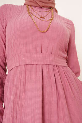 Dantel Süslemeli Kuşaklı Elbise Gül Kurusu - Tesettür Elbise