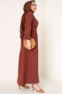 Dantel Süslemeli Kuşaklı Elbise Kahve - Tesettür Elbise