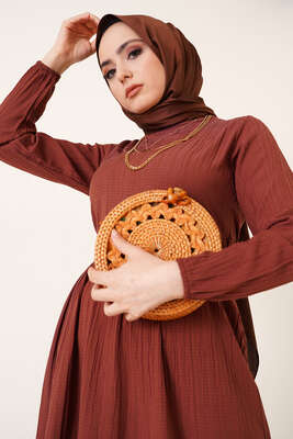 Dantel Süslemeli Kuşaklı Elbise Kahve - Tesettür Elbise