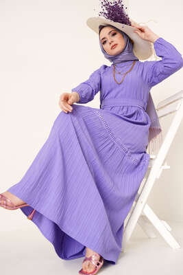 Dantel Süslemeli Kuşaklı Elbise Lila - NEVA MODA