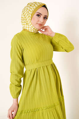 Dantel Süslemeli Kuşaklı Elbise Neon Yeşili - Tesettür Elbise