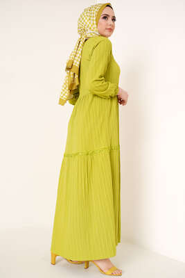 Dantel Süslemeli Kuşaklı Elbise Neon Yeşili - Tesettür Elbise
