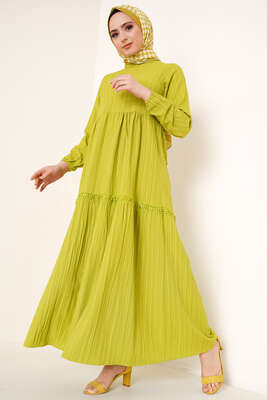 Dantel Süslemeli Kuşaklı Elbise Neon Yeşili 