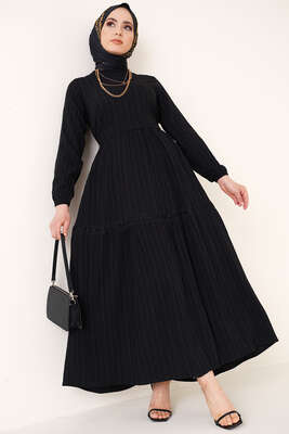 Dantel Süslemeli Kuşaklı Elbise Siyah 