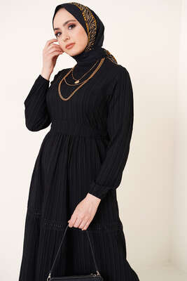 Dantel Süslemeli Kuşaklı Elbise Siyah - Tesettür Elbise