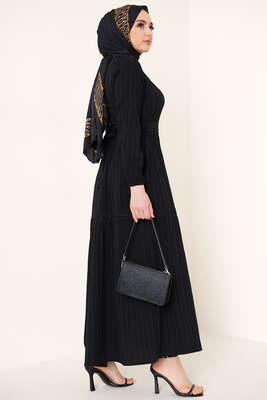 Dantel Süslemeli Kuşaklı Elbise Siyah - Tesettür Elbise