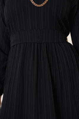 Dantel Süslemeli Kuşaklı Elbise Siyah - Tesettür Elbise