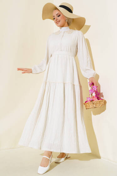 Dantel Yaka Keten Elbise Bej - Elbise