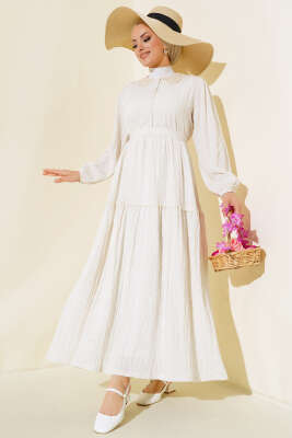 Dantel Yaka Keten Elbise Bej - EKRU TEX