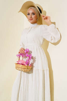 Dantel Yaka Keten Elbise Bej - Tesettür Elbise