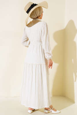 Dantel Yaka Keten Elbise Bej - Tesettür Elbise