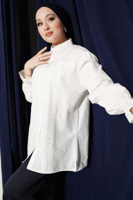 Dantel Yakalı Bilek Lastikli Gömlek Beyaz - NEFİSE