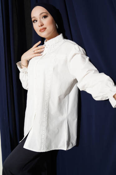 Dantel Yakalı Bilek Lastikli Gömlek Beyaz - Gömlek