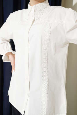 Dantel Yakalı Bilek Lastikli Gömlek Beyaz - Gömlek