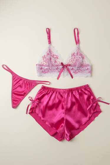 Dantelli 3'lü Büstiyer Takım Fusya - Desteksiz Sütyen Takım