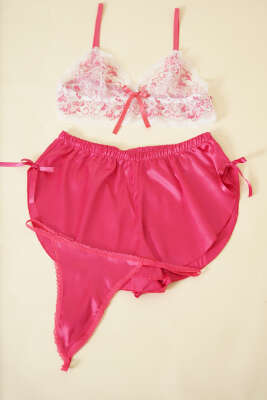 Dantelli 3'lü Büstiyer Takım Fusya