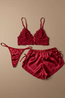 Dantelli 3'lü Büstiyer Takım Kırmızı - LOVE SECRET
