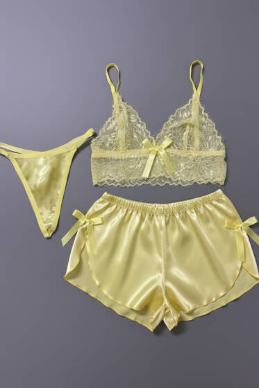 Dantelli 3'lü Büstiyer Takım Sarı - Desteksiz Sütyen Takım