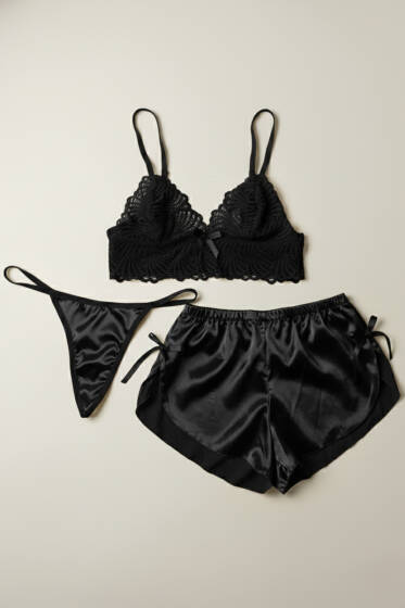 Dantelli 3'lü Büstiyer Takım Siyah - Desteksiz Sütyen Takım