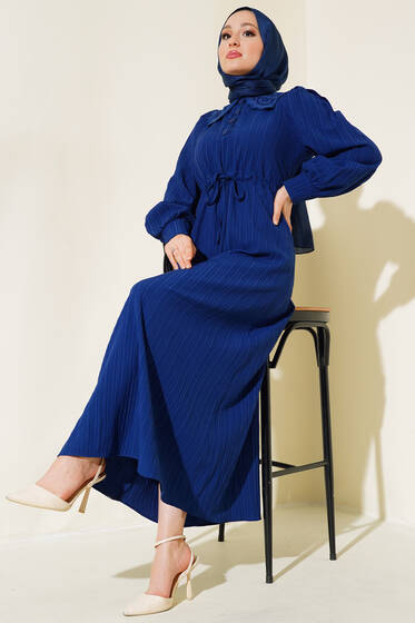 Dantelli Bebe Yaka Elbise Lacivert - Tesettür Elbise