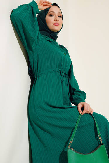 Dantelli Bebe Yaka Elbise Zümrüt - Tesettür Elbise