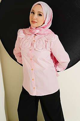 Dantelli Bebe Yakalı Poplin Gömlek Pembe - MUSTİ