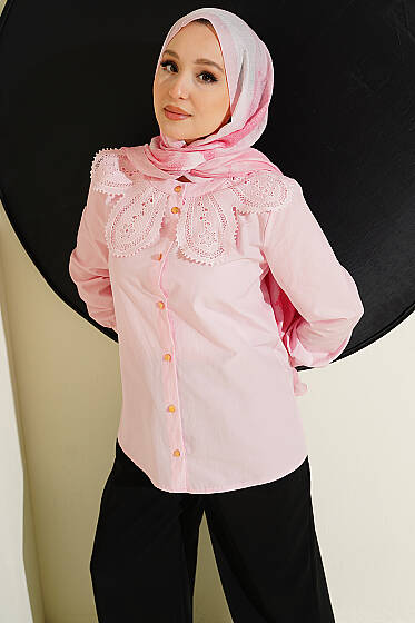 Dantelli Bebe Yakalı Poplin Gömlek Pembe - Gömlek