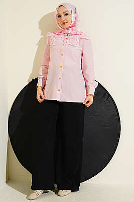 Dantelli Bebe Yakalı Poplin Gömlek Pembe - Gömlek