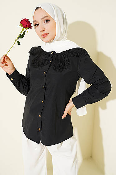 Dantelli Bebe Yakalı Poplin Gömlek Siyah - Gömlek