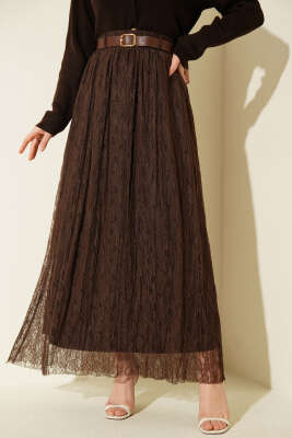 Dantelli Bel Lastikli Kloş Etek Kahve - ALİ AKKAYA