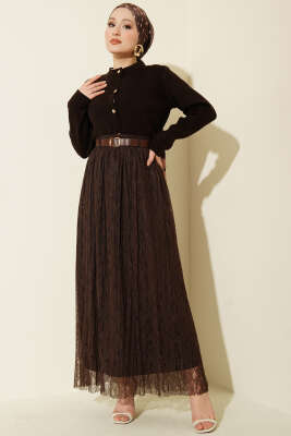 Dantelli Bel Lastikli Kloş Etek Kahve - Etek