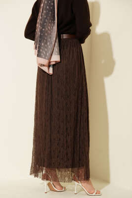 Dantelli Bel Lastikli Kloş Etek Kahve - Etek