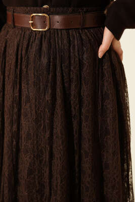 Dantelli Bel Lastikli Kloş Etek Kahve - Etek