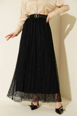 Dantelli Bel Lastikli Kloş Etek Siyah - ALİ AKKAYA