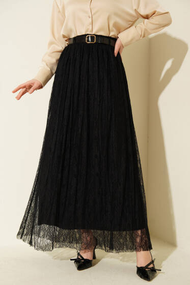 Dantelli Bel Lastikli Kloş Etek Siyah - Etek