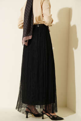 Dantelli Bel Lastikli Kloş Etek Siyah - Etek