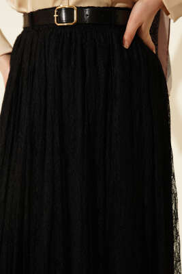 Dantelli Bel Lastikli Kloş Etek Siyah - Etek