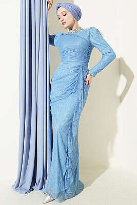 Dantelli Büzgülü Taşlı Abiye Elbise Bebe Mavi - CNR TEKSTİL