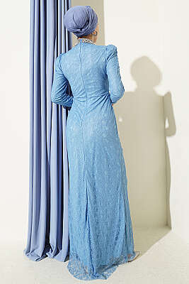 Dantelli Büzgülü Taşlı Abiye Elbise Bebe Mavi - Elbise