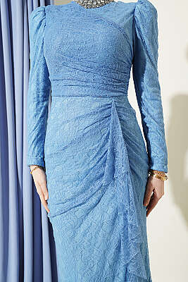 Dantelli Büzgülü Taşlı Abiye Elbise Bebe Mavi - Elbise