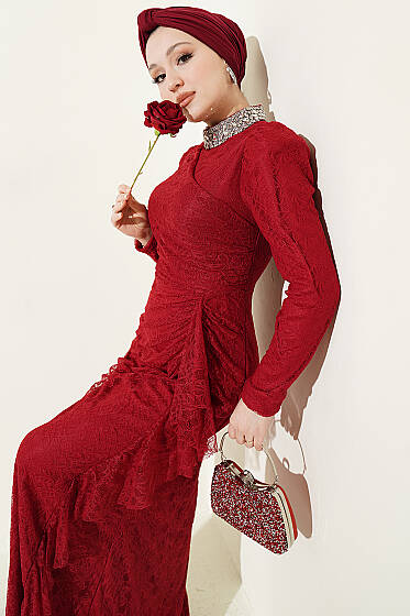 Dantelli Büzgülü Taşlı Abiye Elbise Bordo - Elbise