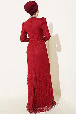 Dantelli Büzgülü Taşlı Abiye Elbise Bordo - Elbise