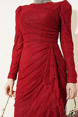 Dantelli Büzgülü Taşlı Abiye Elbise Bordo - Elbise