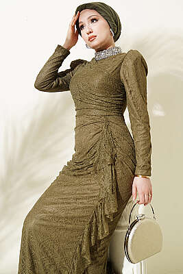 Dantelli Büzgülü Taşlı Abiye Elbise Haki - Elbise