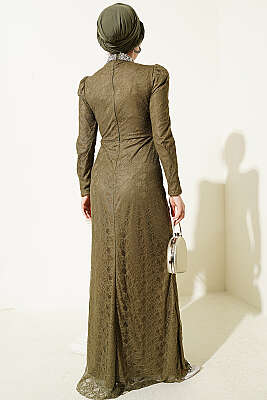 Dantelli Büzgülü Taşlı Abiye Elbise Haki - Elbise