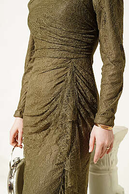 Dantelli Büzgülü Taşlı Abiye Elbise Haki - Elbise