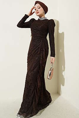 Dantelli Büzgülü Taşlı Abiye Elbise Kahve - CNR TEKSTİL