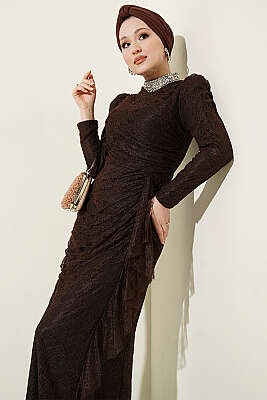 Dantelli Büzgülü Taşlı Abiye Elbise Kahve - Elbise