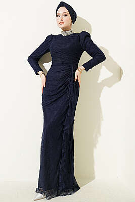 Dantelli Büzgülü Taşlı Abiye Elbise Lacivert - CNR TEKSTİL