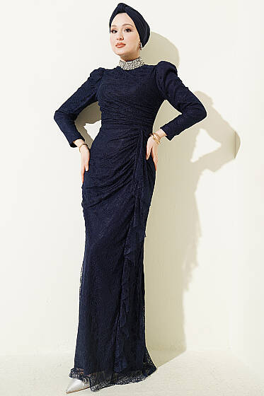 Dantelli Büzgülü Taşlı Abiye Elbise Lacivert - Elbise
